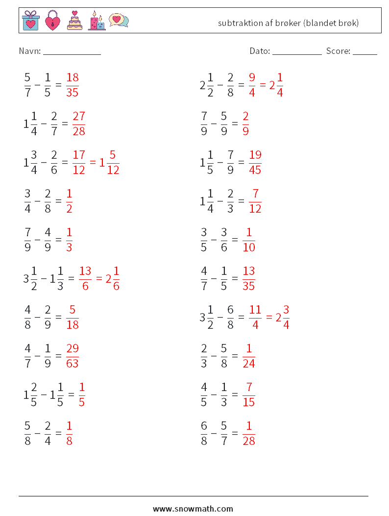 (20) subtraktion af brøker (blandet brøk) Matematiske regneark 8 Spørgsmål, svar