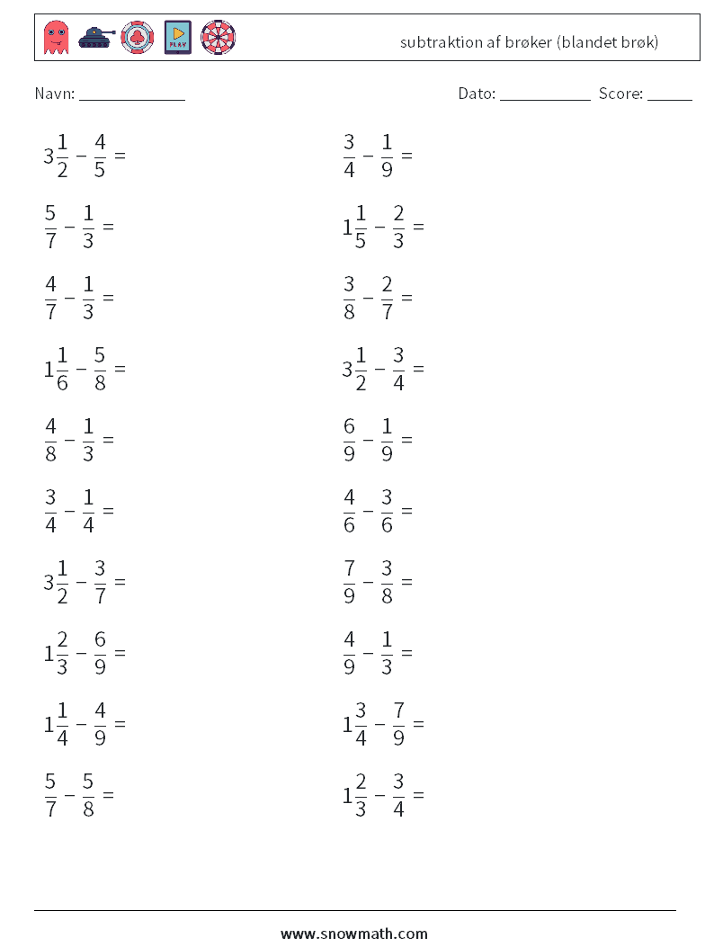 (20) subtraktion af brøker (blandet brøk) Matematiske regneark 9