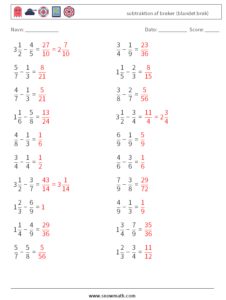 (20) subtraktion af brøker (blandet brøk) Matematiske regneark 9 Spørgsmål, svar