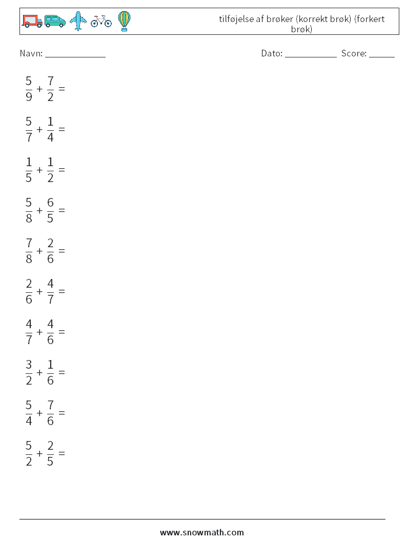 (10) tilføjelse af brøker (korrekt brøk) (forkert brøk) Matematiske regneark 1