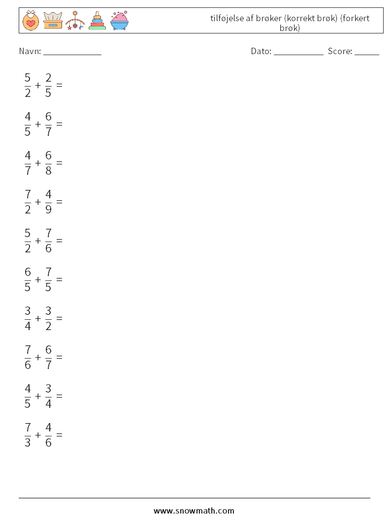 (10) tilføjelse af brøker (korrekt brøk) (forkert brøk) Matematiske regneark 10