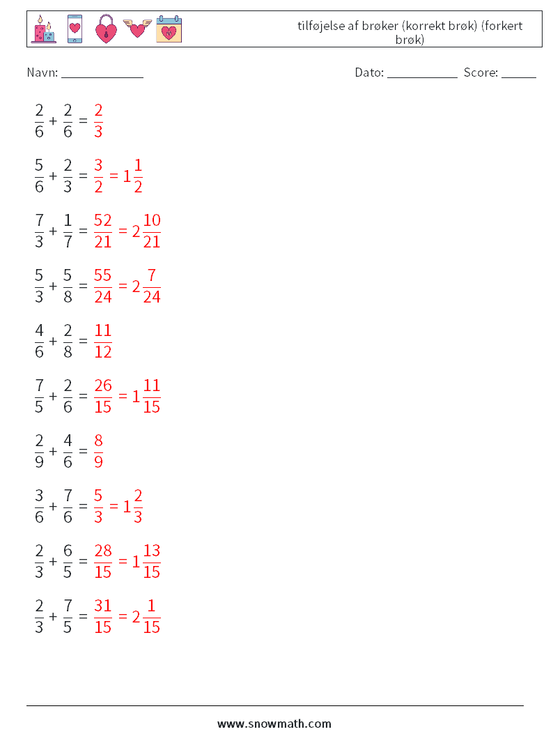 (10) tilføjelse af brøker (korrekt brøk) (forkert brøk) Matematiske regneark 12 Spørgsmål, svar