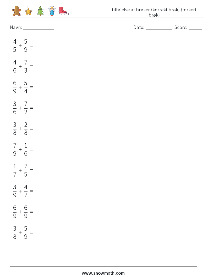 (10) tilføjelse af brøker (korrekt brøk) (forkert brøk) Matematiske regneark 13