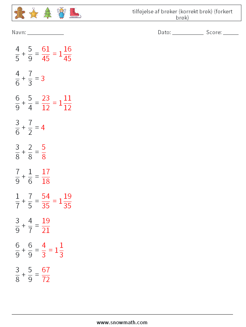 (10) tilføjelse af brøker (korrekt brøk) (forkert brøk) Matematiske regneark 13 Spørgsmål, svar