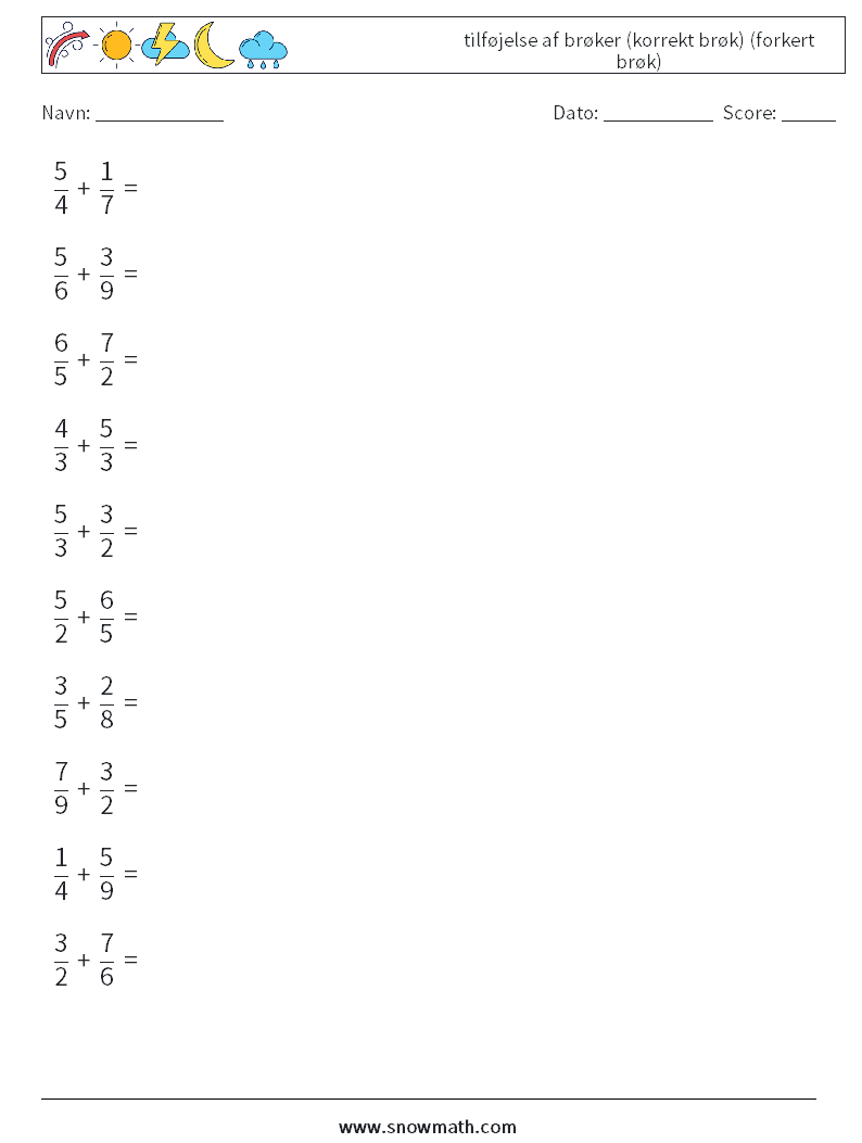 (10) tilføjelse af brøker (korrekt brøk) (forkert brøk) Matematiske regneark 14