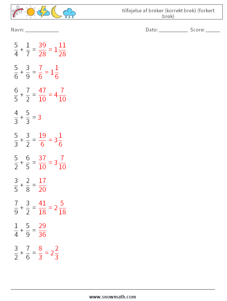 (10) tilføjelse af brøker (korrekt brøk) (forkert brøk) Matematiske regneark 14 Spørgsmål, svar