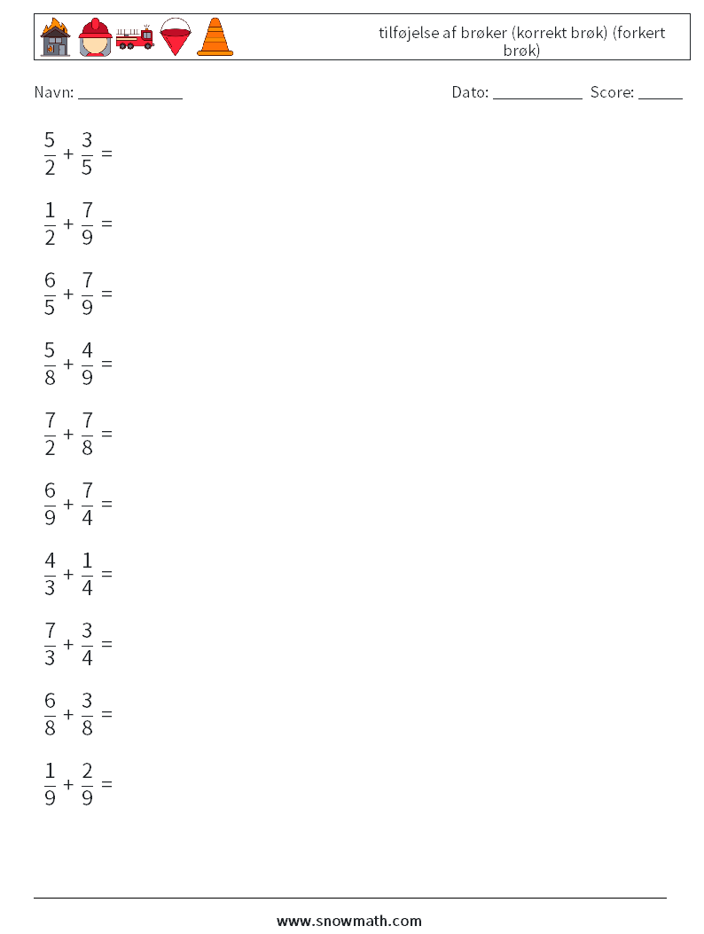 (10) tilføjelse af brøker (korrekt brøk) (forkert brøk) Matematiske regneark 15