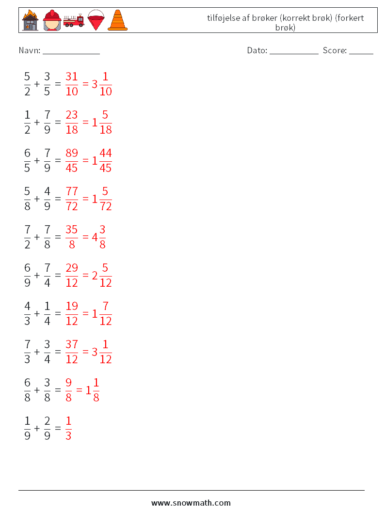 (10) tilføjelse af brøker (korrekt brøk) (forkert brøk) Matematiske regneark 15 Spørgsmål, svar