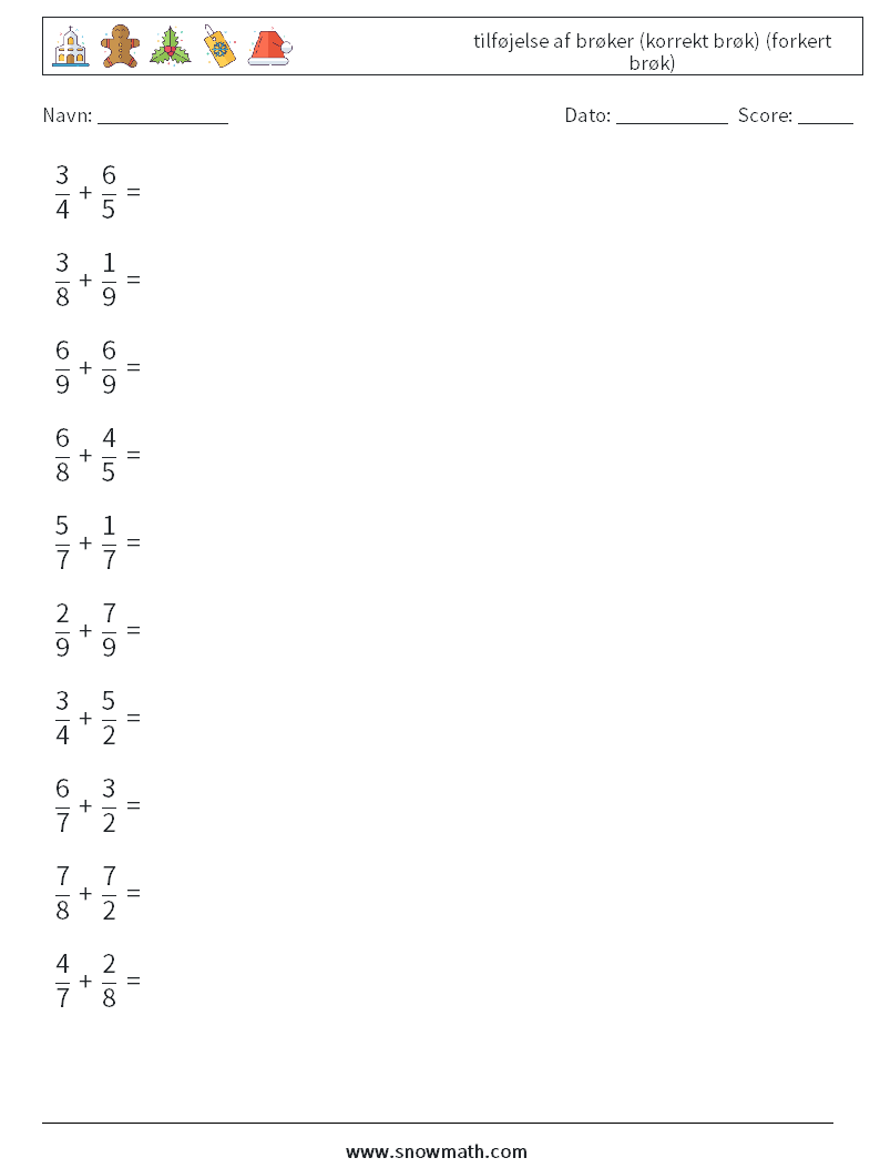 (10) tilføjelse af brøker (korrekt brøk) (forkert brøk) Matematiske regneark 16