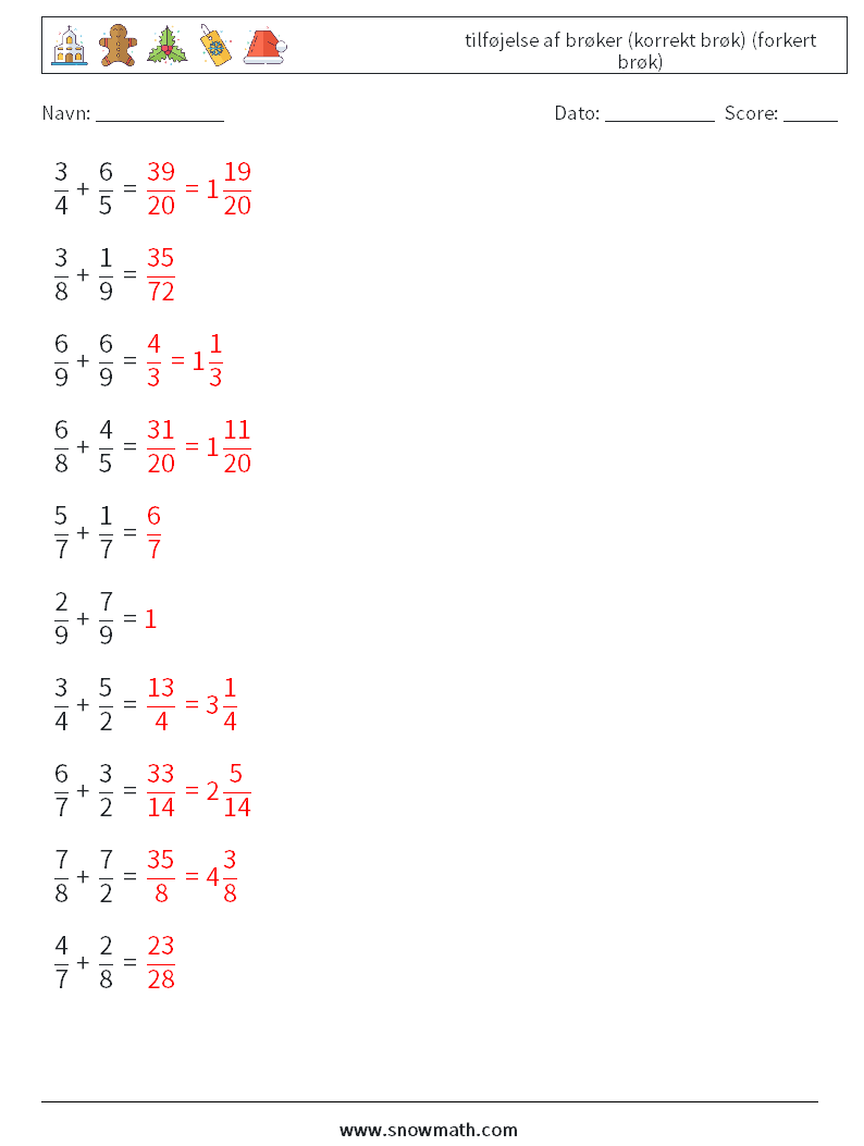 (10) tilføjelse af brøker (korrekt brøk) (forkert brøk) Matematiske regneark 16 Spørgsmål, svar