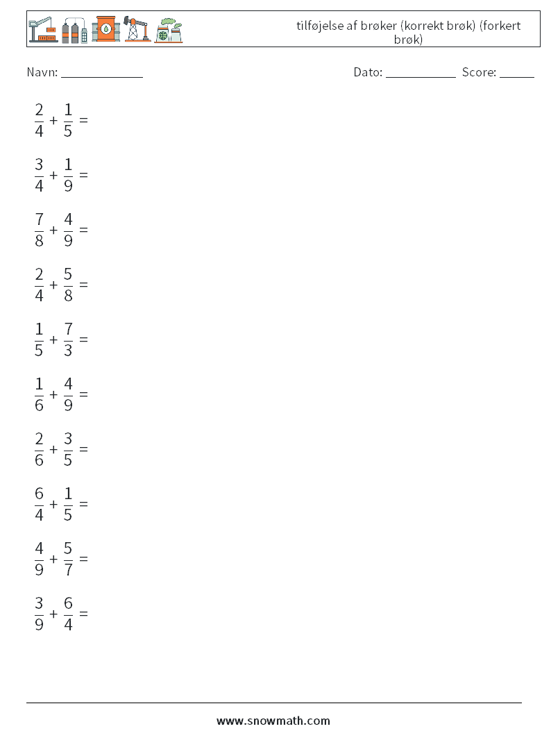 (10) tilføjelse af brøker (korrekt brøk) (forkert brøk) Matematiske regneark 17