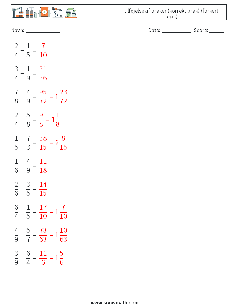(10) tilføjelse af brøker (korrekt brøk) (forkert brøk) Matematiske regneark 17 Spørgsmål, svar