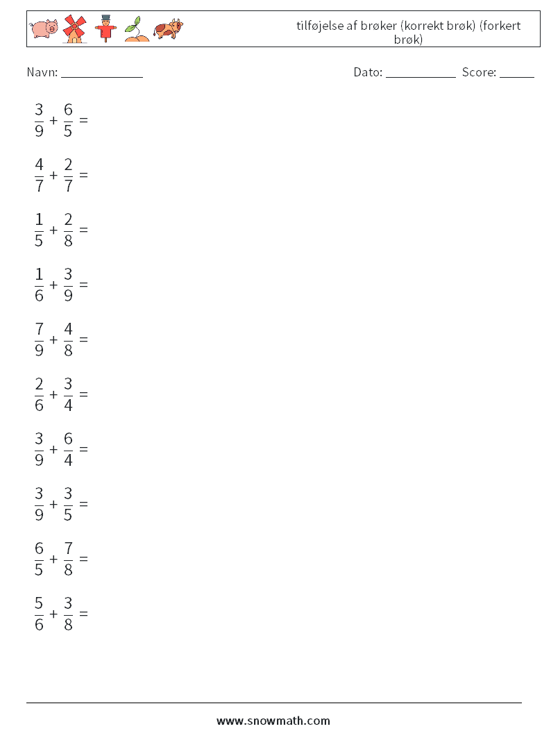 (10) tilføjelse af brøker (korrekt brøk) (forkert brøk) Matematiske regneark 18