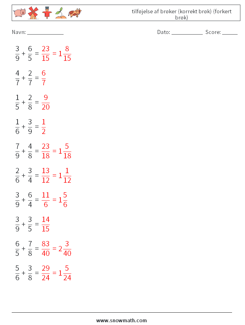 (10) tilføjelse af brøker (korrekt brøk) (forkert brøk) Matematiske regneark 18 Spørgsmål, svar