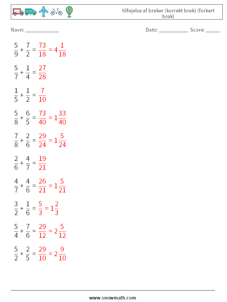 (10) tilføjelse af brøker (korrekt brøk) (forkert brøk) Matematiske regneark 1 Spørgsmål, svar