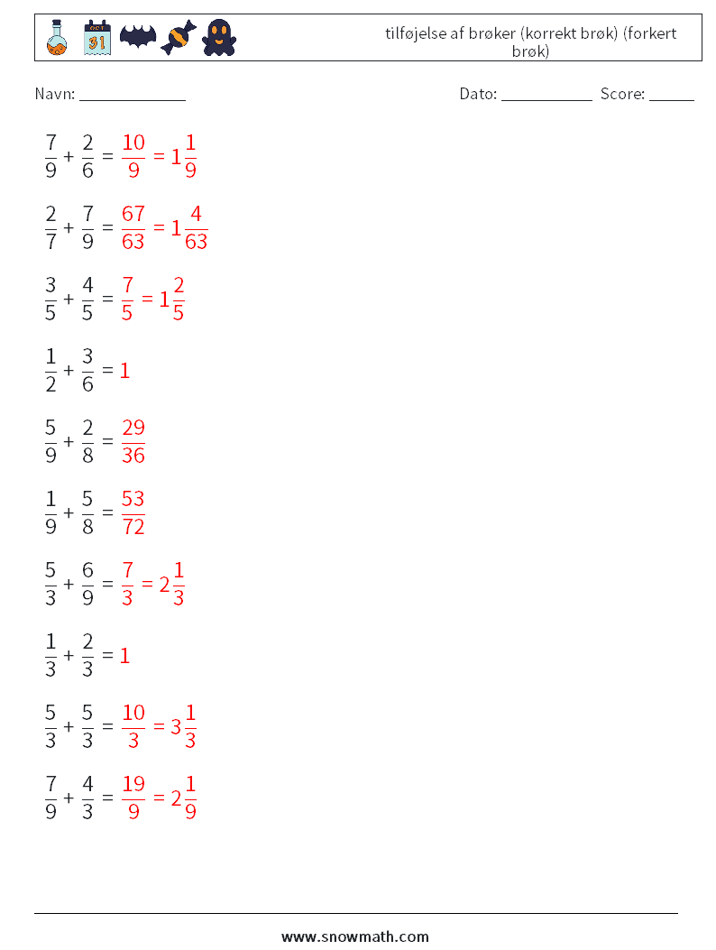 (10) tilføjelse af brøker (korrekt brøk) (forkert brøk) Matematiske regneark 2 Spørgsmål, svar