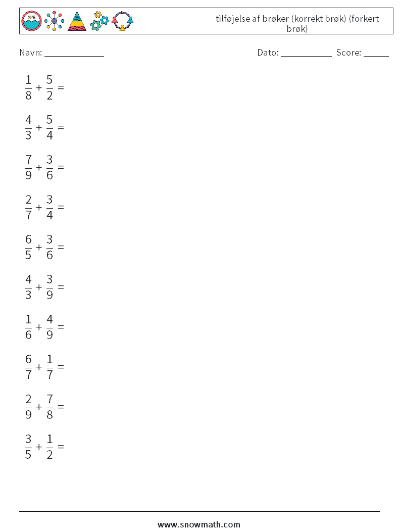 (10) tilføjelse af brøker (korrekt brøk) (forkert brøk) Matematiske regneark 3