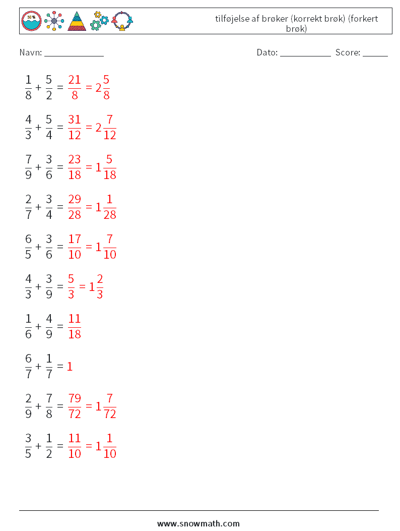 (10) tilføjelse af brøker (korrekt brøk) (forkert brøk) Matematiske regneark 3 Spørgsmål, svar