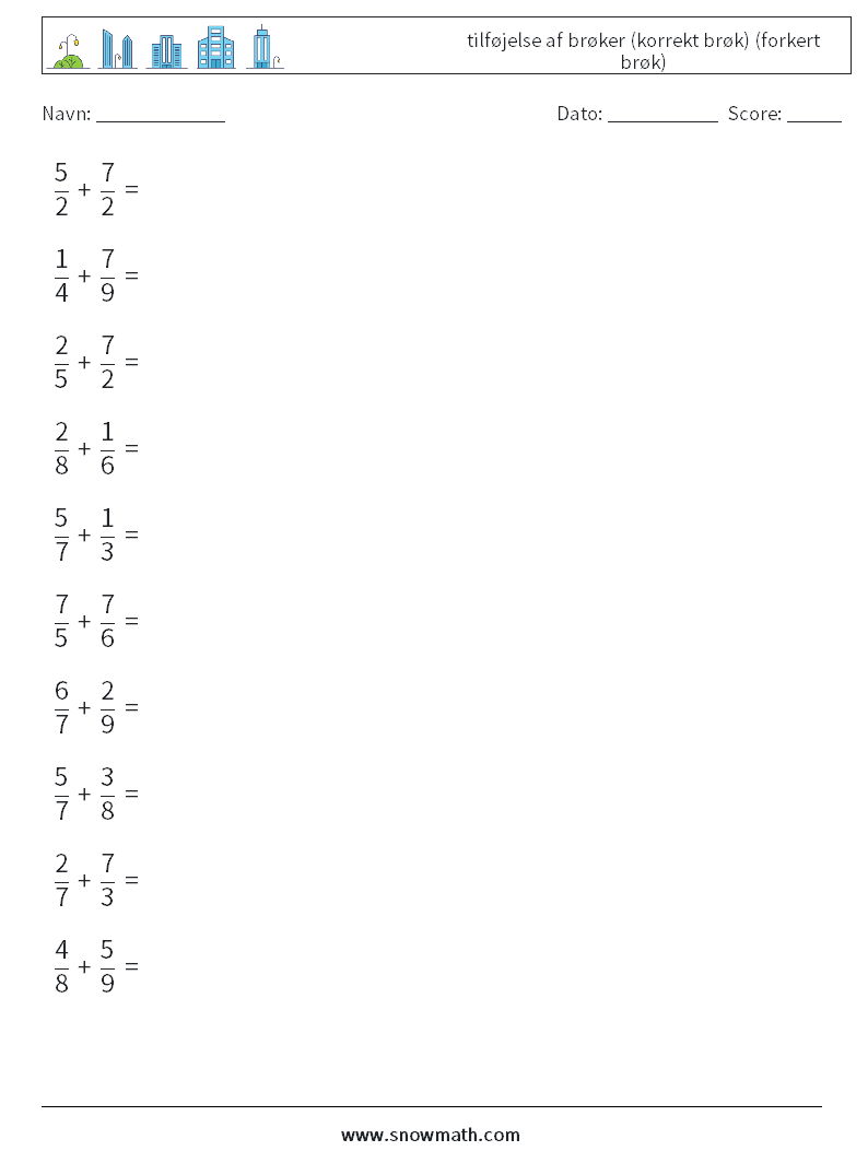 (10) tilføjelse af brøker (korrekt brøk) (forkert brøk) Matematiske regneark 4