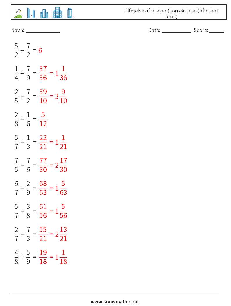 (10) tilføjelse af brøker (korrekt brøk) (forkert brøk) Matematiske regneark 4 Spørgsmål, svar