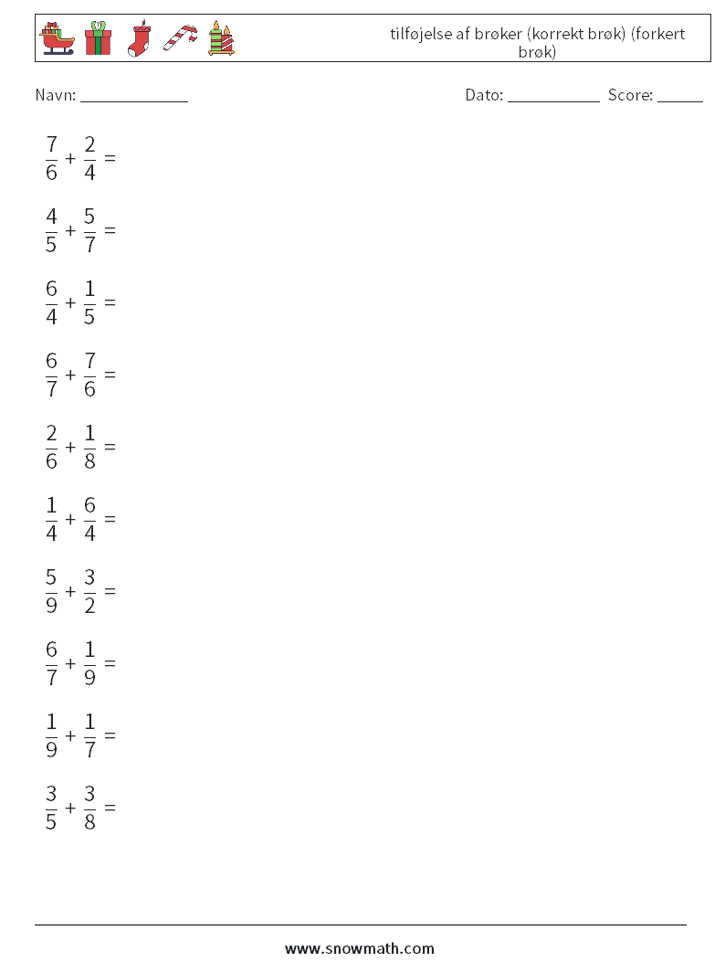 (10) tilføjelse af brøker (korrekt brøk) (forkert brøk) Matematiske regneark 5