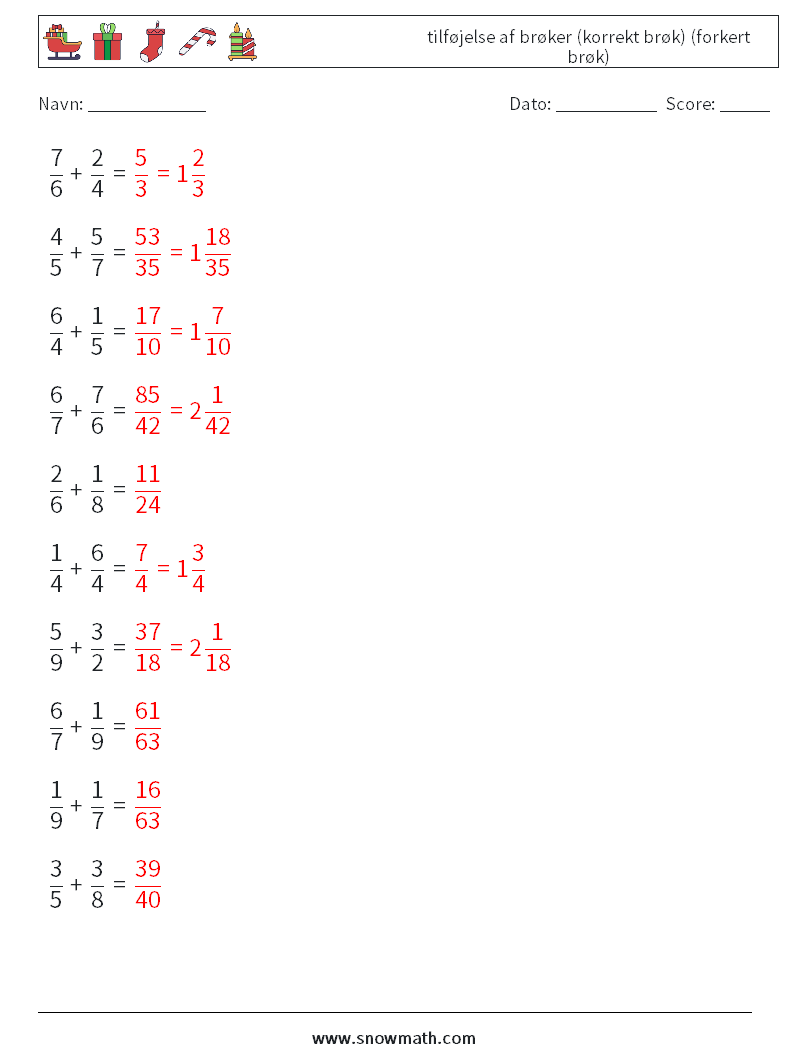 (10) tilføjelse af brøker (korrekt brøk) (forkert brøk) Matematiske regneark 5 Spørgsmål, svar