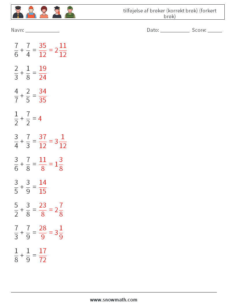 (10) tilføjelse af brøker (korrekt brøk) (forkert brøk) Matematiske regneark 6 Spørgsmål, svar