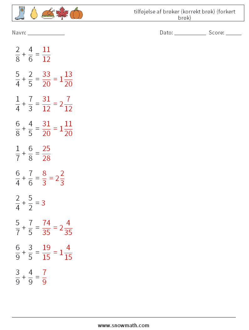 (10) tilføjelse af brøker (korrekt brøk) (forkert brøk) Matematiske regneark 7 Spørgsmål, svar