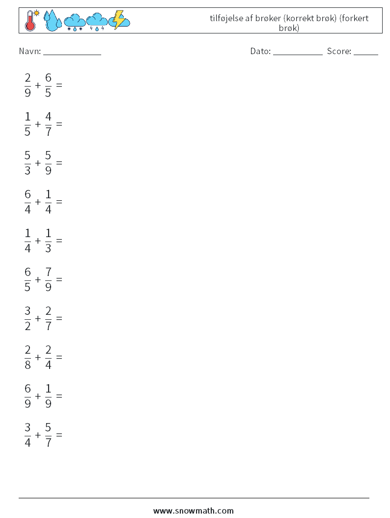 (10) tilføjelse af brøker (korrekt brøk) (forkert brøk) Matematiske regneark 8