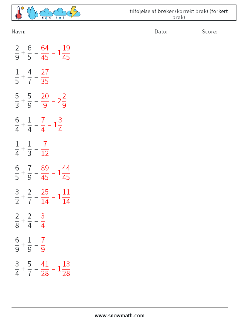 (10) tilføjelse af brøker (korrekt brøk) (forkert brøk) Matematiske regneark 8 Spørgsmål, svar