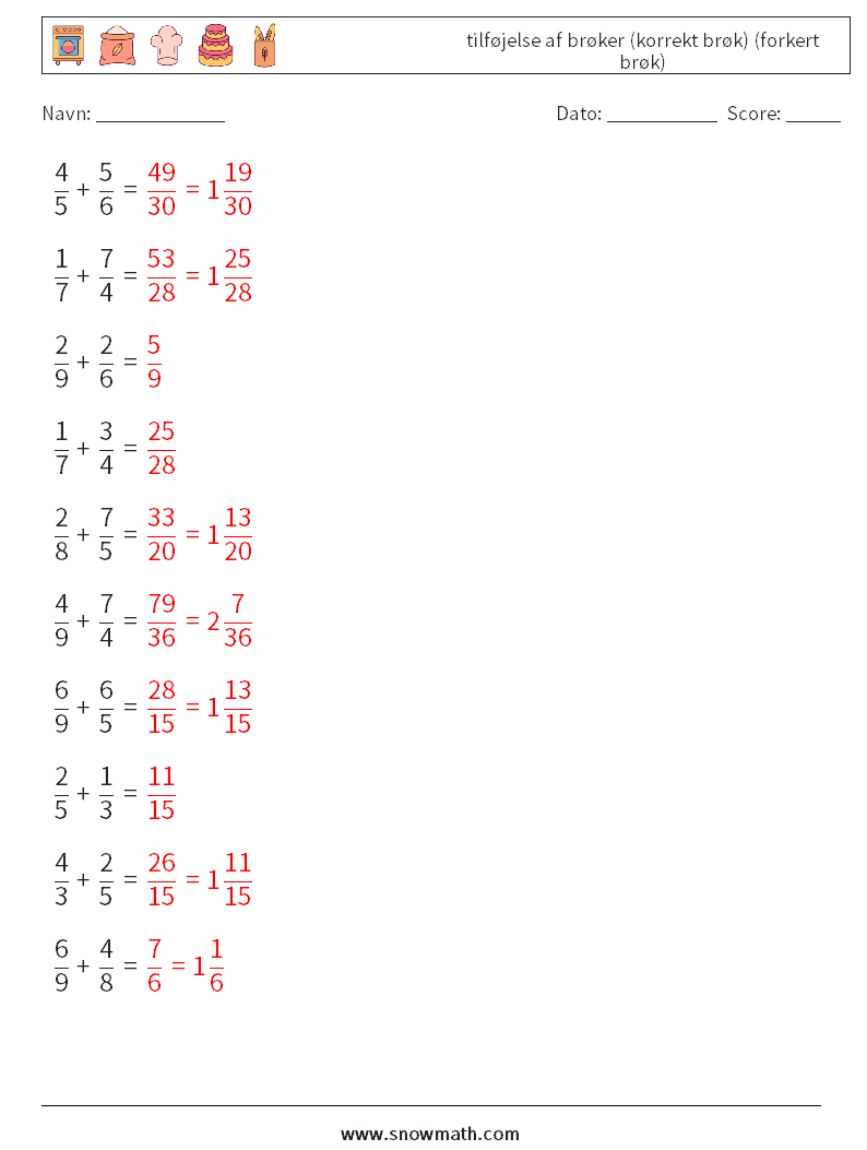 (10) tilføjelse af brøker (korrekt brøk) (forkert brøk) Matematiske regneark 9 Spørgsmål, svar