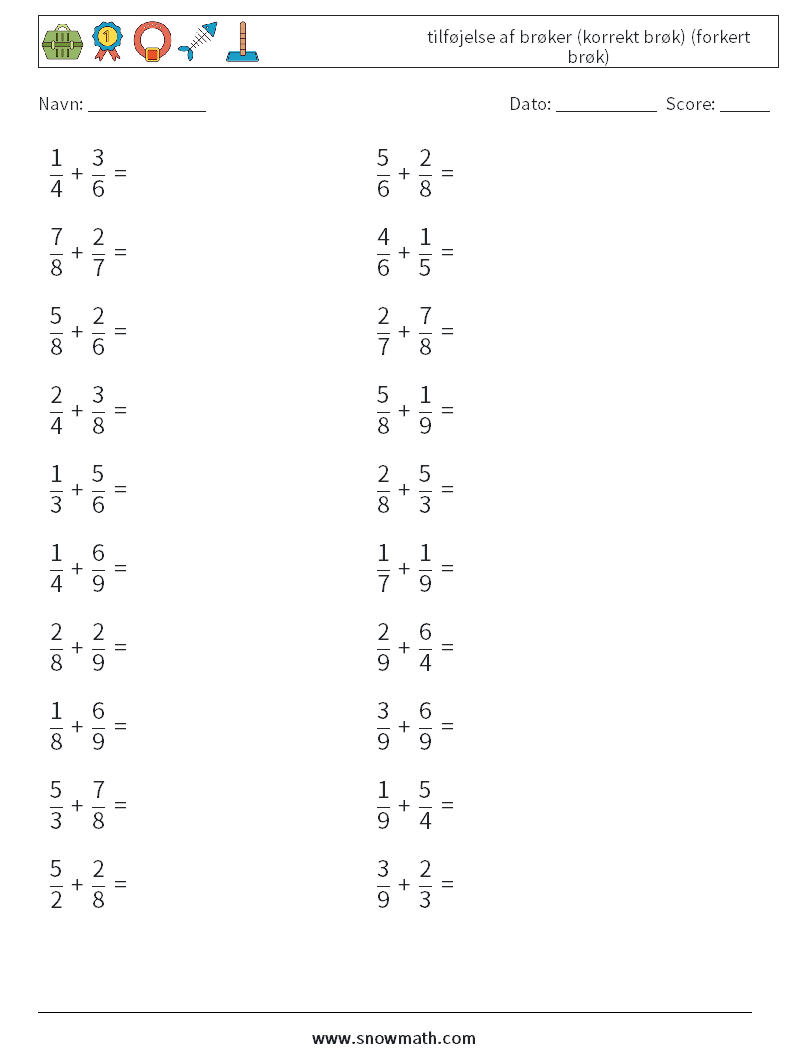 (20) tilføjelse af brøker (korrekt brøk) (forkert brøk) Matematiske regneark 1