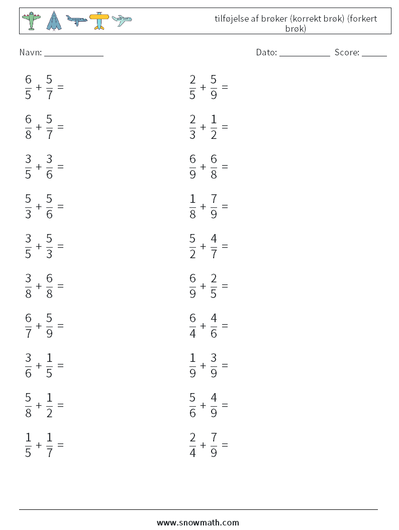 (20) tilføjelse af brøker (korrekt brøk) (forkert brøk) Matematiske regneark 10