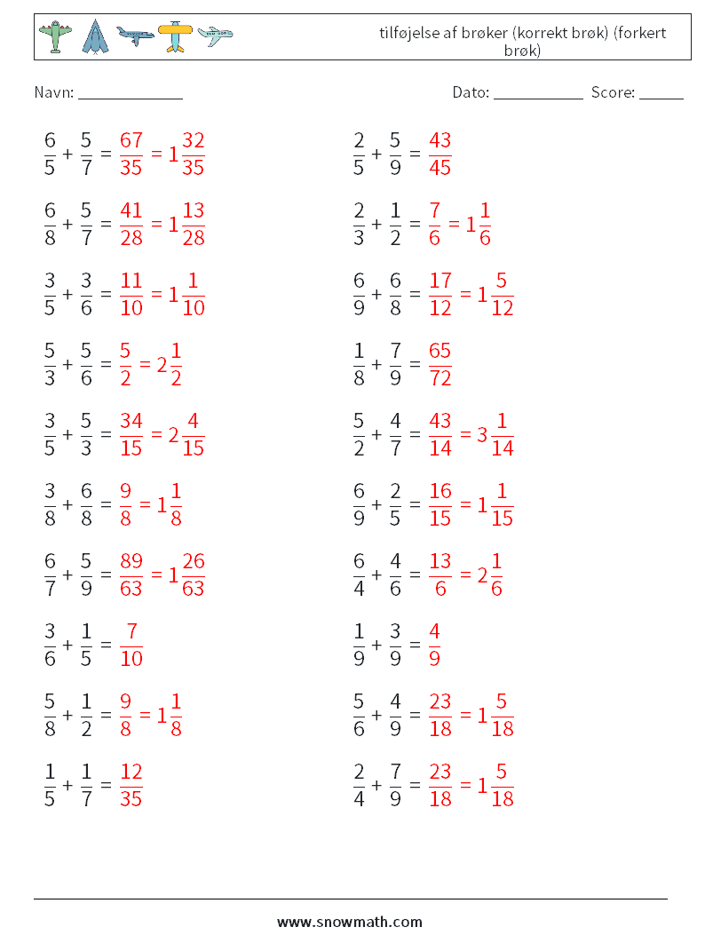 (20) tilføjelse af brøker (korrekt brøk) (forkert brøk) Matematiske regneark 10 Spørgsmål, svar