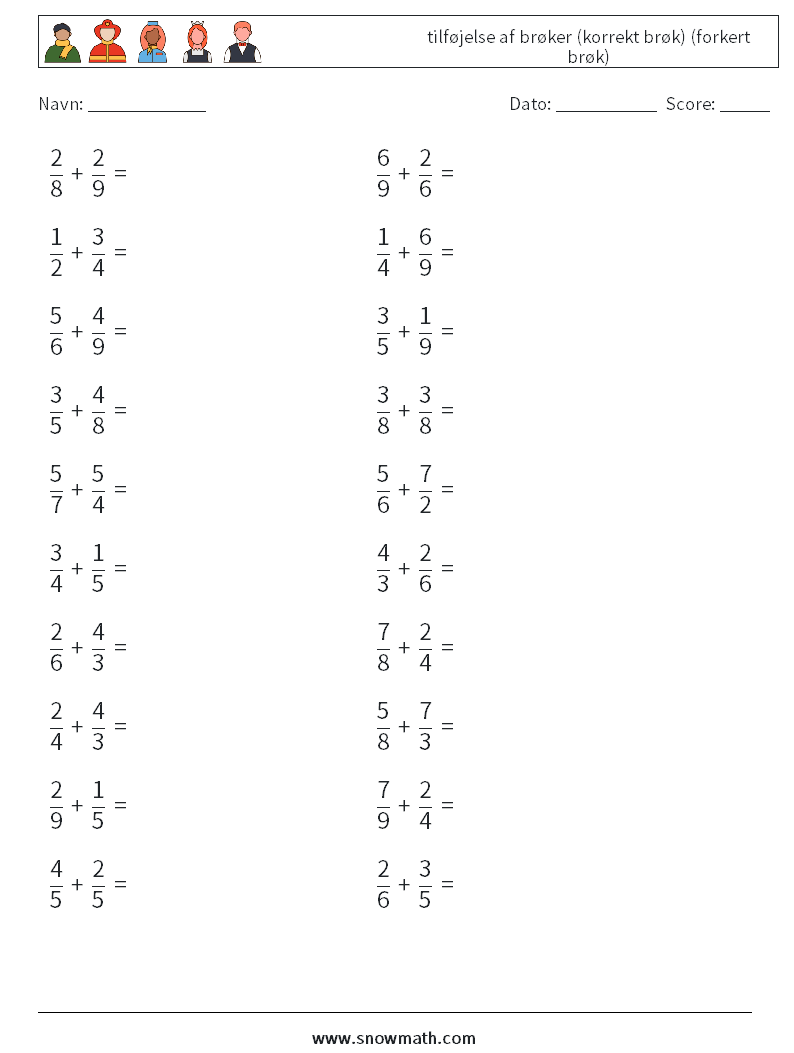 (20) tilføjelse af brøker (korrekt brøk) (forkert brøk) Matematiske regneark 11