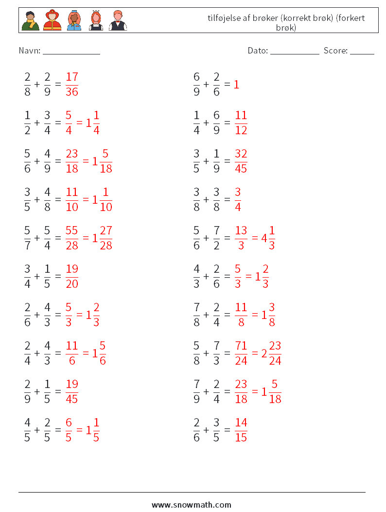 (20) tilføjelse af brøker (korrekt brøk) (forkert brøk) Matematiske regneark 11 Spørgsmål, svar