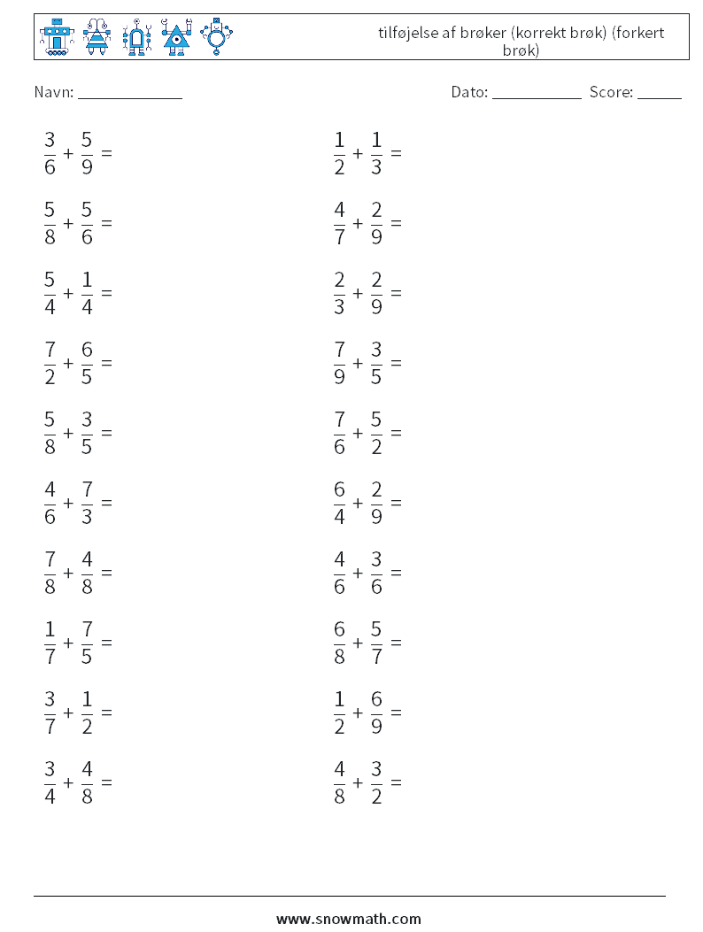 (20) tilføjelse af brøker (korrekt brøk) (forkert brøk) Matematiske regneark 12