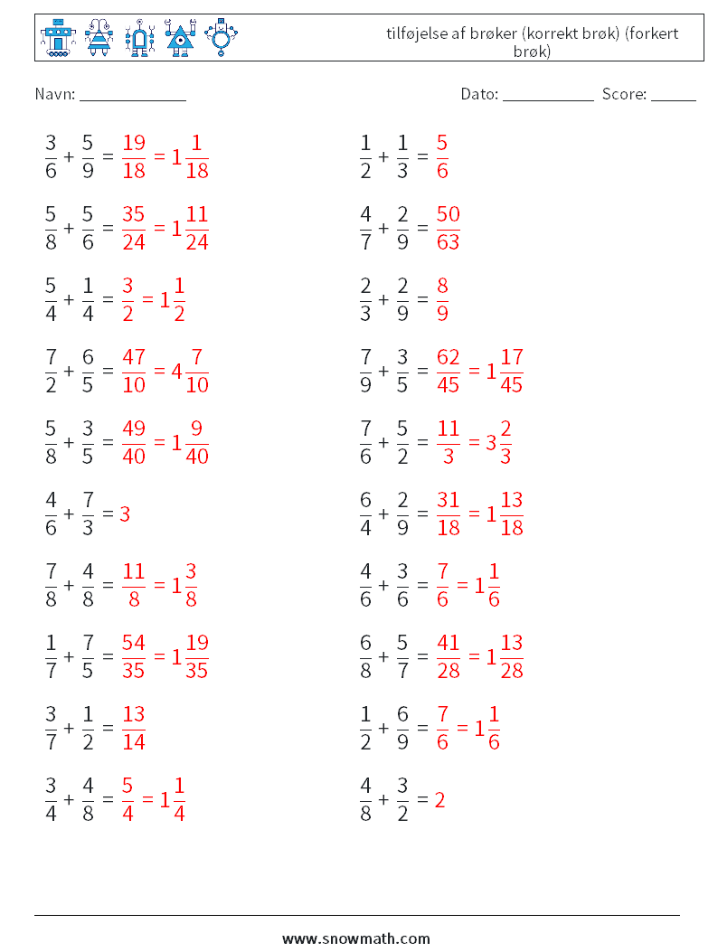 (20) tilføjelse af brøker (korrekt brøk) (forkert brøk) Matematiske regneark 12 Spørgsmål, svar