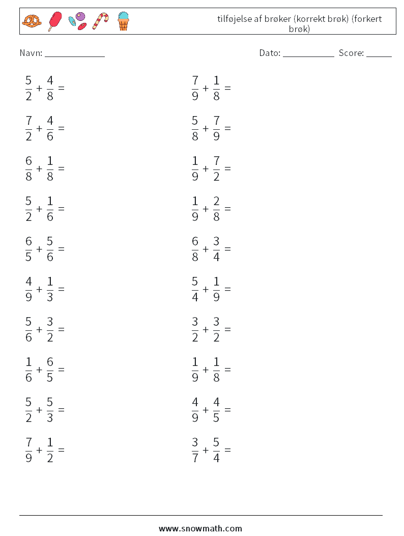 (20) tilføjelse af brøker (korrekt brøk) (forkert brøk) Matematiske regneark 13