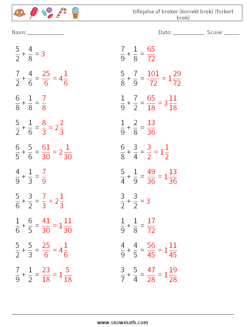 (20) tilføjelse af brøker (korrekt brøk) (forkert brøk) Matematiske regneark 13 Spørgsmål, svar