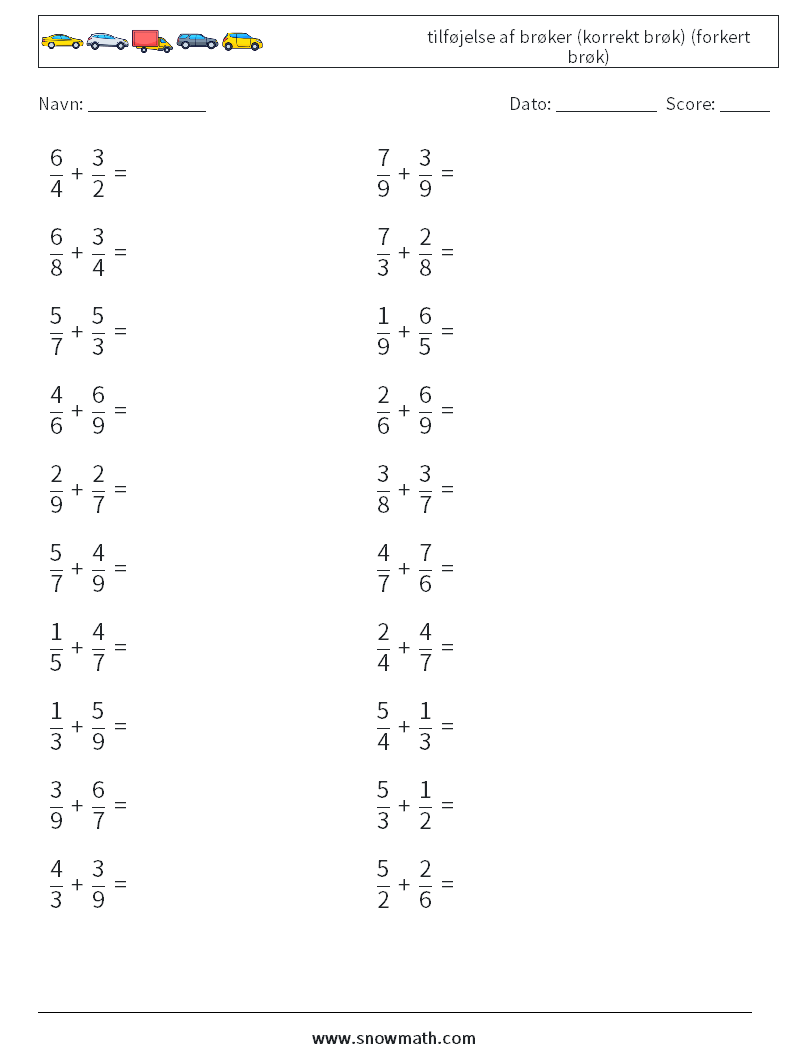 (20) tilføjelse af brøker (korrekt brøk) (forkert brøk) Matematiske regneark 14