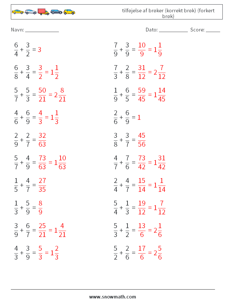 (20) tilføjelse af brøker (korrekt brøk) (forkert brøk) Matematiske regneark 14 Spørgsmål, svar