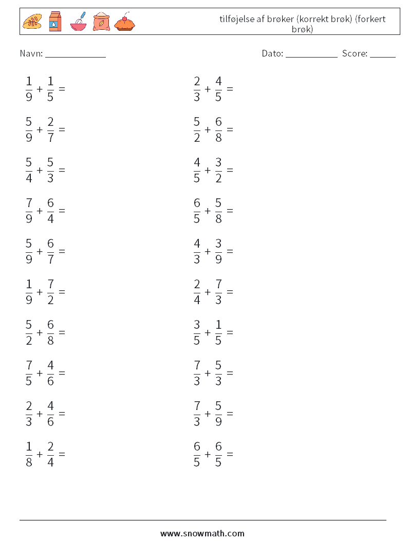 (20) tilføjelse af brøker (korrekt brøk) (forkert brøk) Matematiske regneark 15