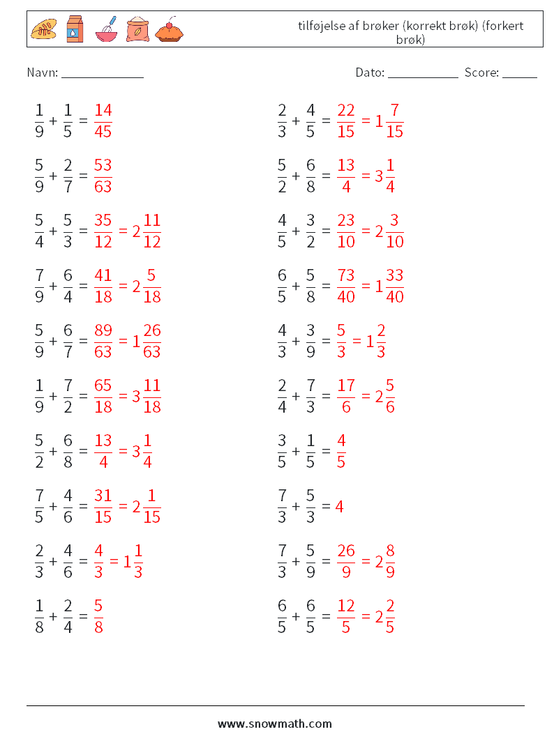 (20) tilføjelse af brøker (korrekt brøk) (forkert brøk) Matematiske regneark 15 Spørgsmål, svar