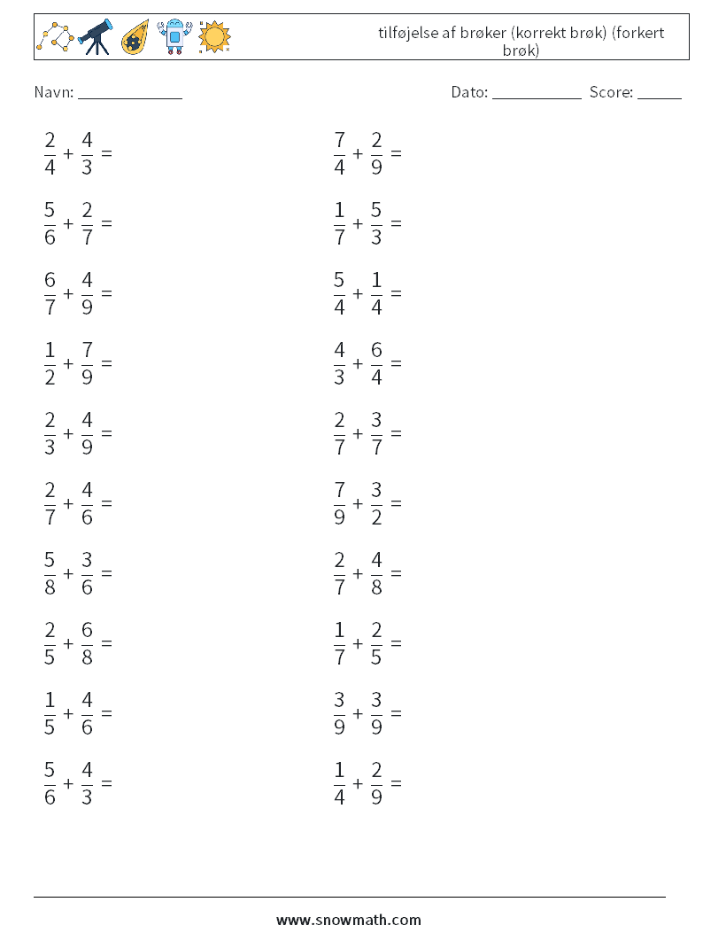 (20) tilføjelse af brøker (korrekt brøk) (forkert brøk) Matematiske regneark 16