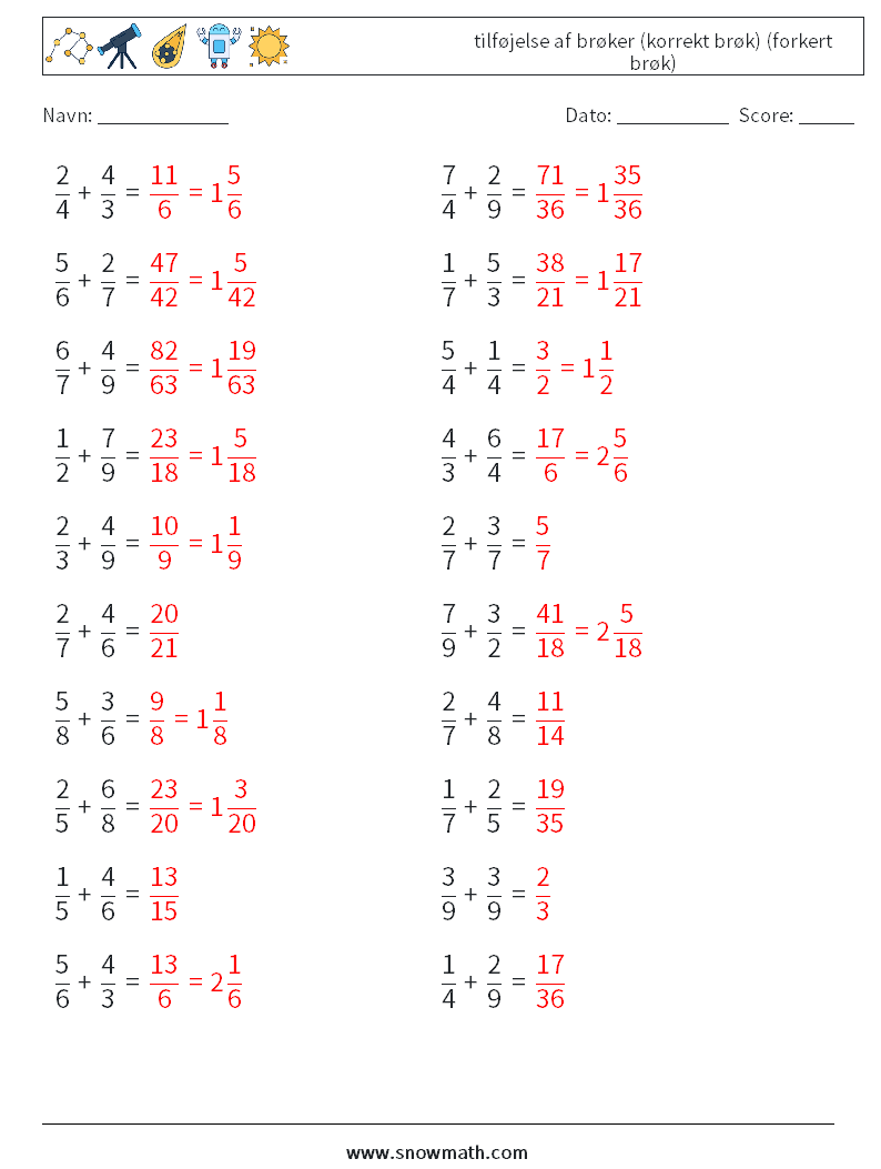 (20) tilføjelse af brøker (korrekt brøk) (forkert brøk) Matematiske regneark 16 Spørgsmål, svar