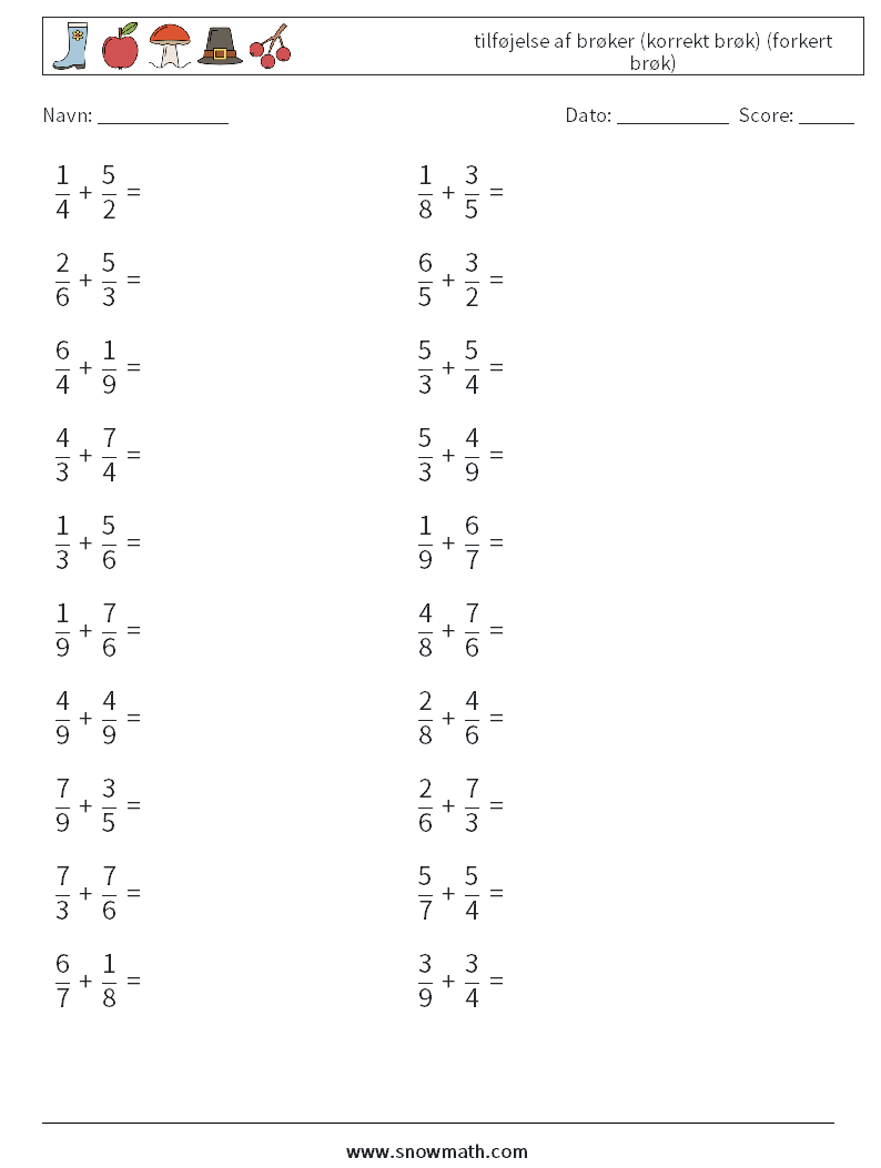 (20) tilføjelse af brøker (korrekt brøk) (forkert brøk) Matematiske regneark 17