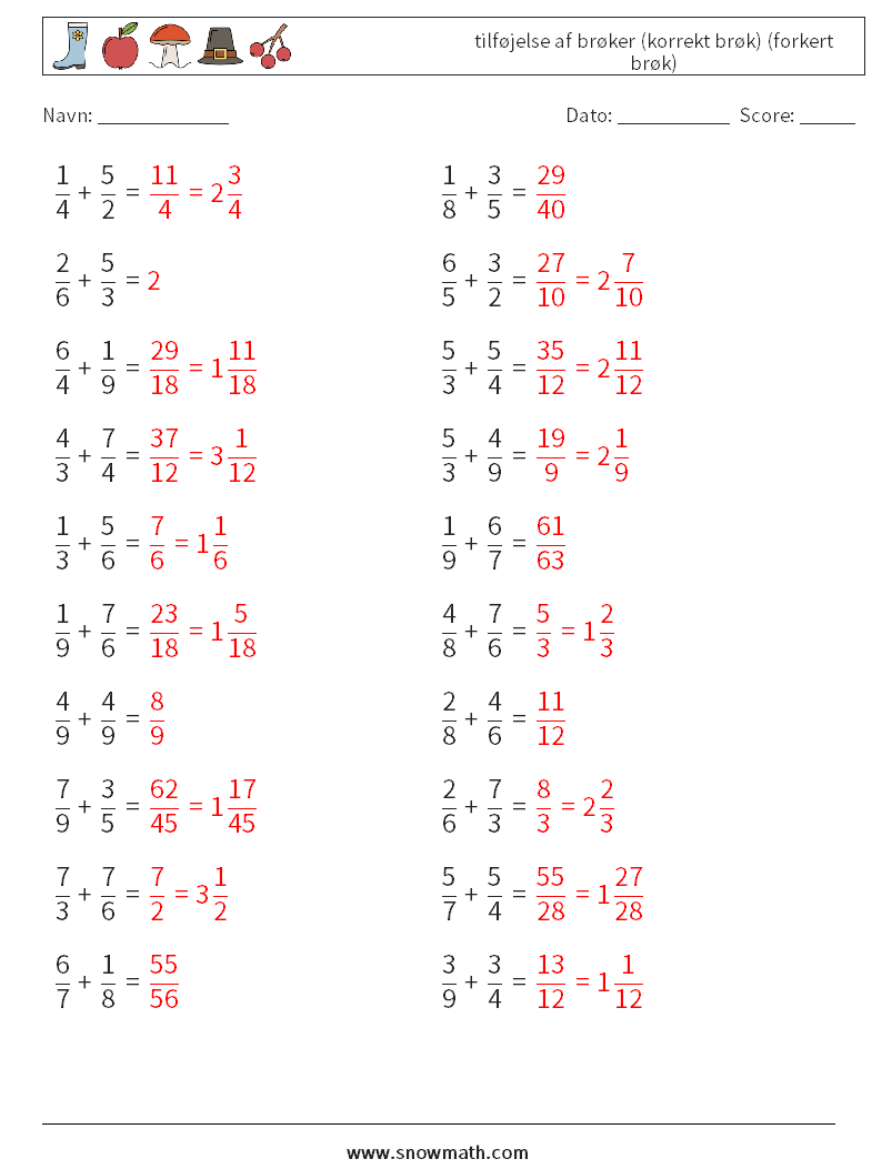 (20) tilføjelse af brøker (korrekt brøk) (forkert brøk) Matematiske regneark 17 Spørgsmål, svar