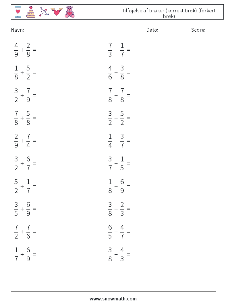 (20) tilføjelse af brøker (korrekt brøk) (forkert brøk) Matematiske regneark 18