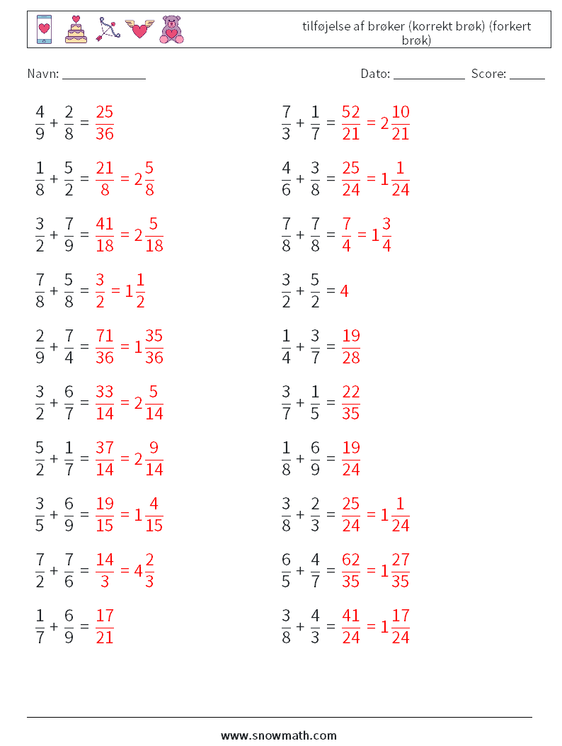 (20) tilføjelse af brøker (korrekt brøk) (forkert brøk) Matematiske regneark 18 Spørgsmål, svar